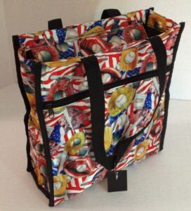 LARGE AMERICANA TOTE BAG . 3 LARGE COMPARTMENTS 13" TALL 12" WIDE 4.5" GUSSET-3173