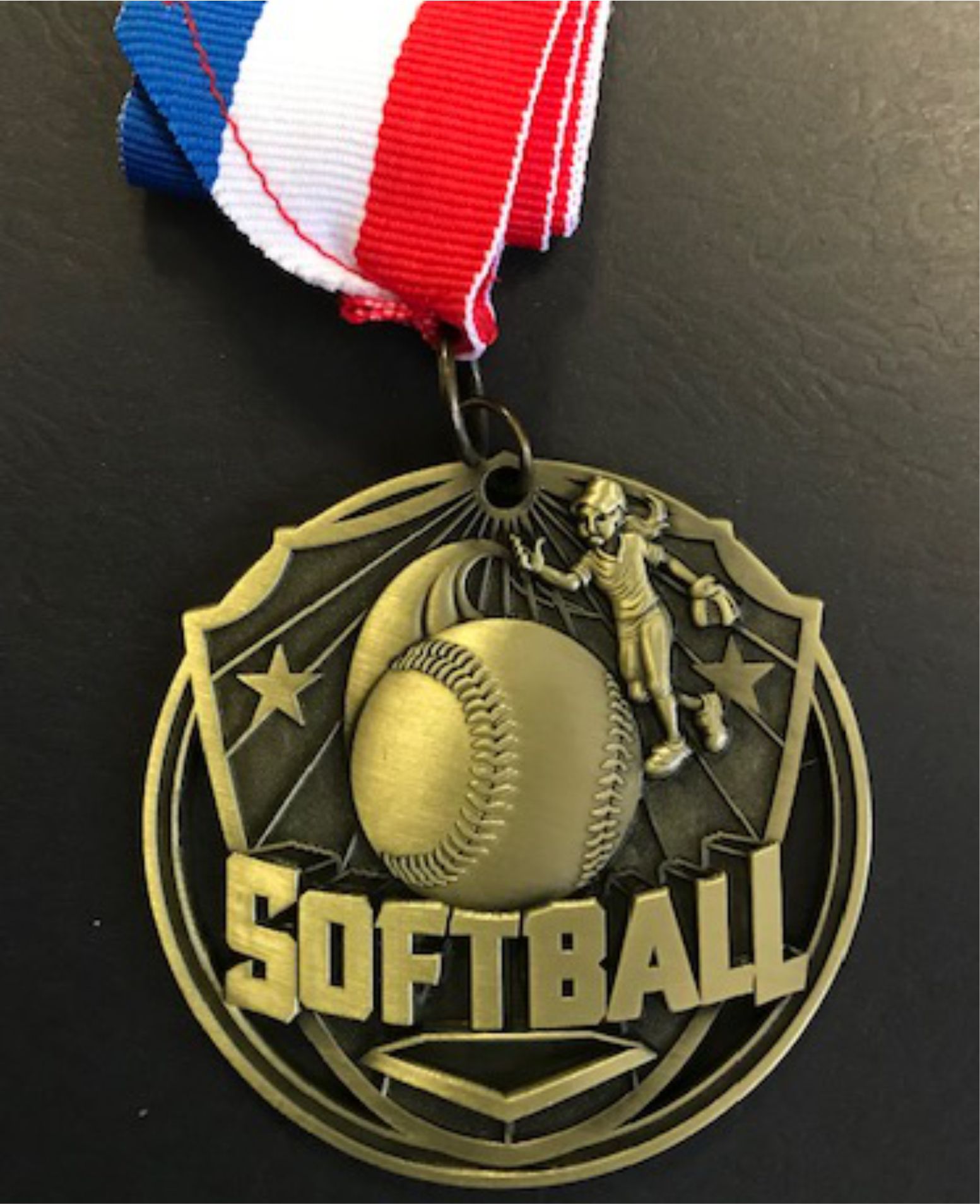 silver female SOFTBALL medal with purple neck drape trophy 